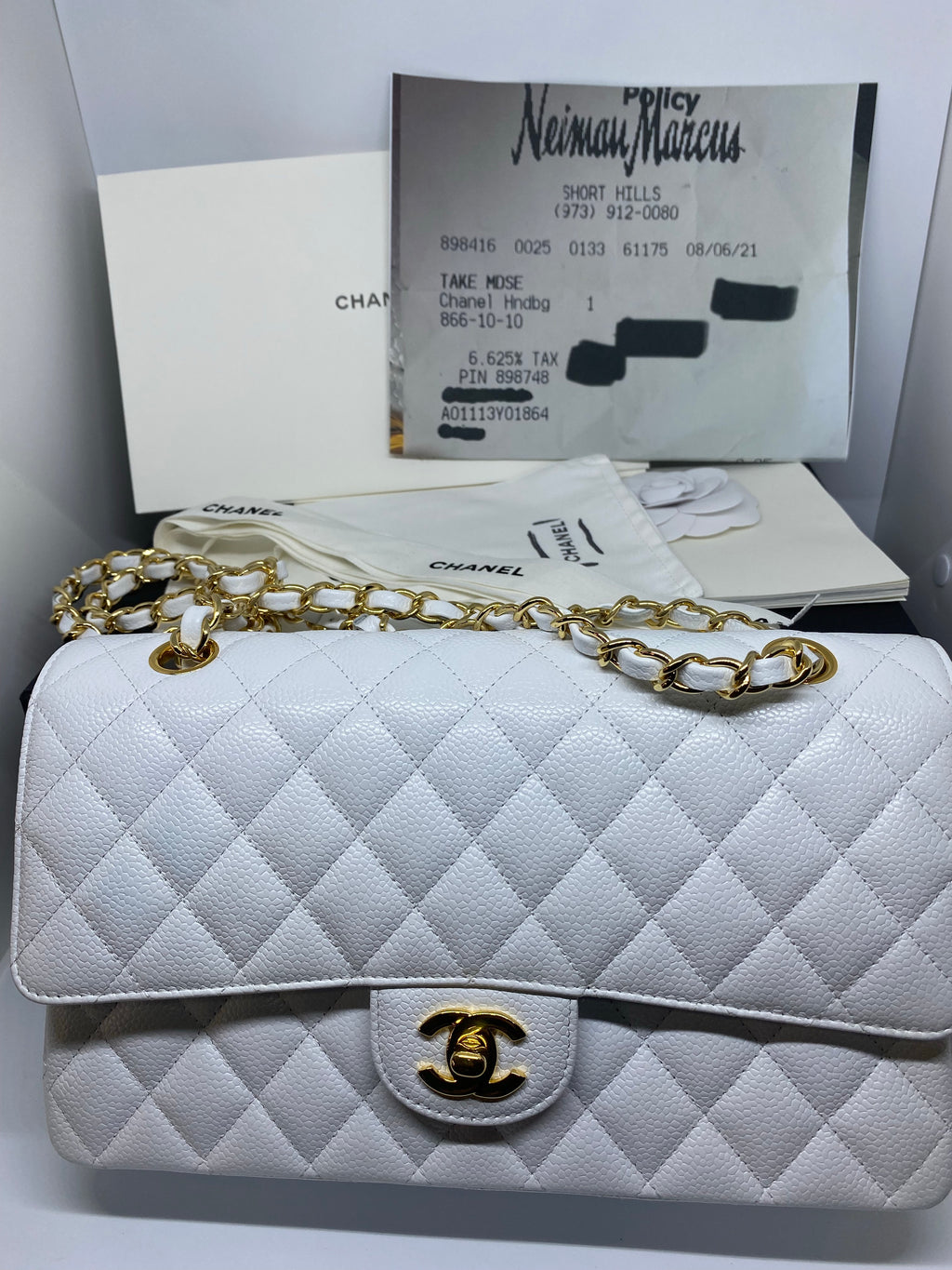 Chanel White Quilted Caviar Medium Classic Double Flap Bag Silver