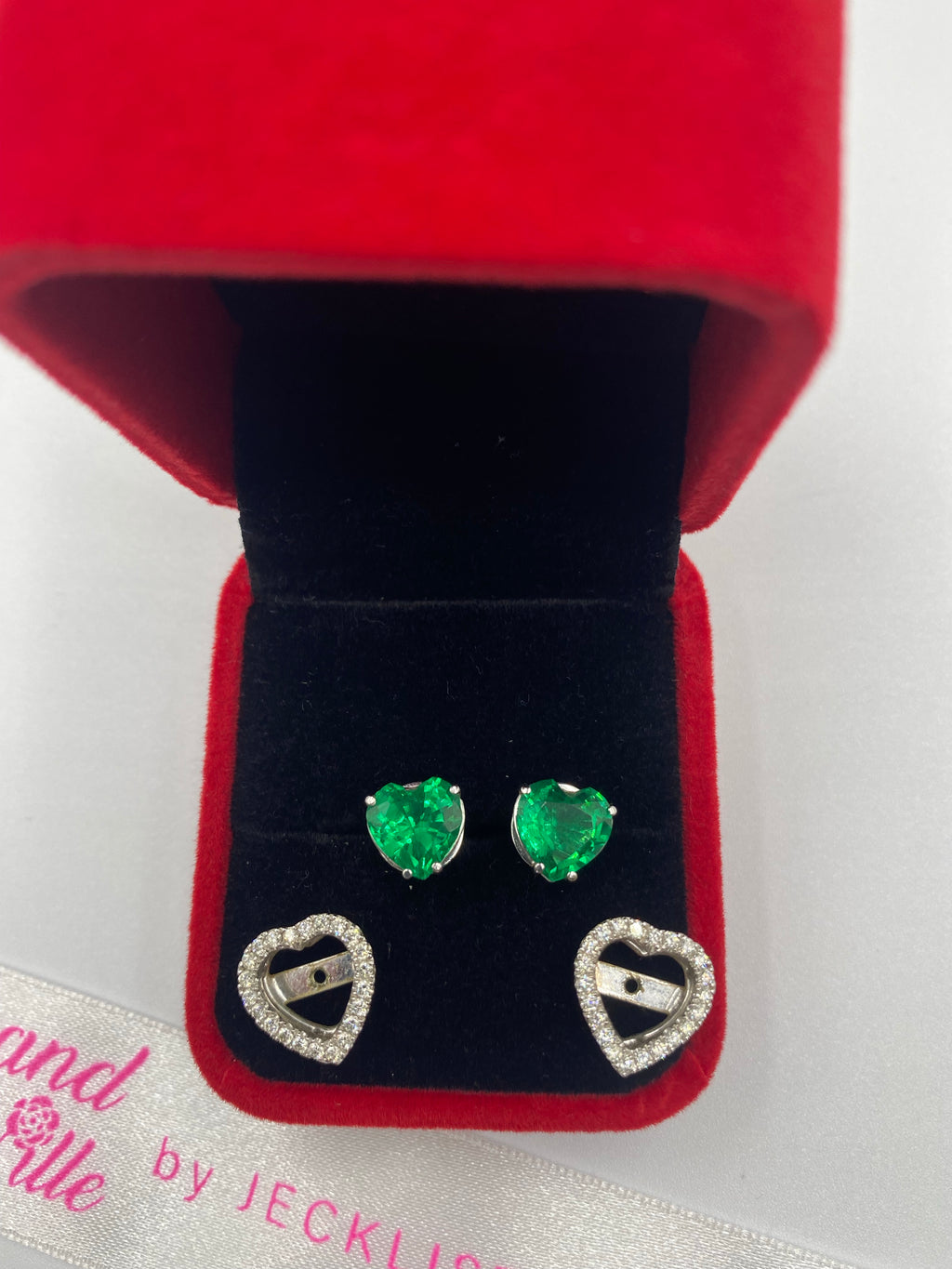 Heart Earrings/Pendant (Multiple-use) With Diamonds And Green Stone