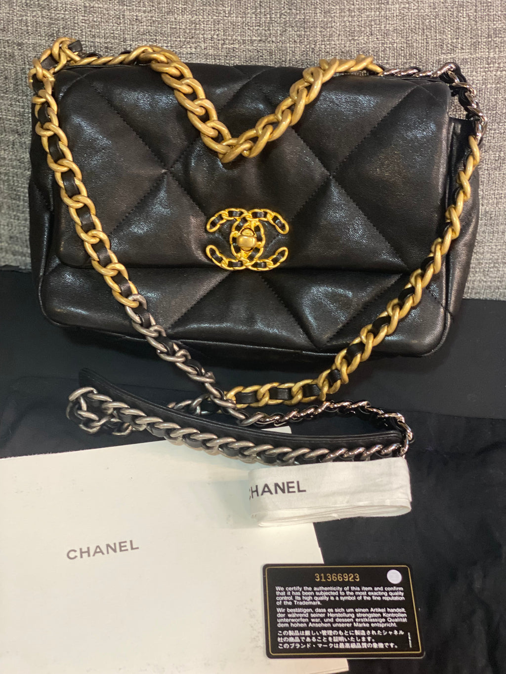 CHANEL Shiny Goatskin Quilted Small Chanel 19 Pouch With Handle Black  643415